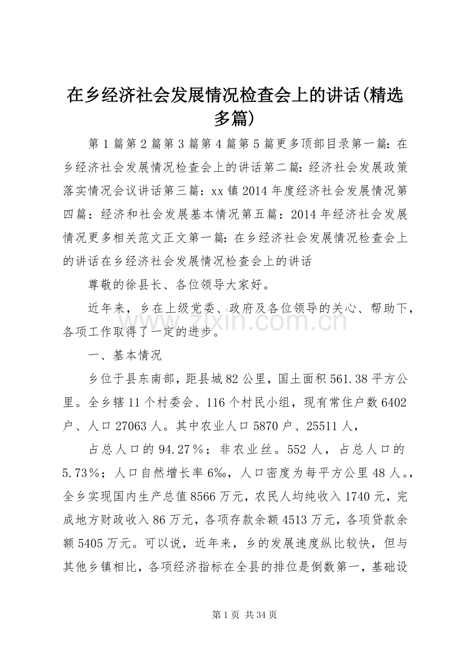 在乡经济社会发展情况检查会上的讲话(多篇).docx_第1页