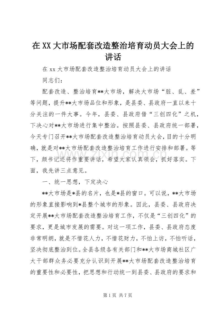 在XX大市场配套改造整治培育动员大会上的讲话.docx_第1页