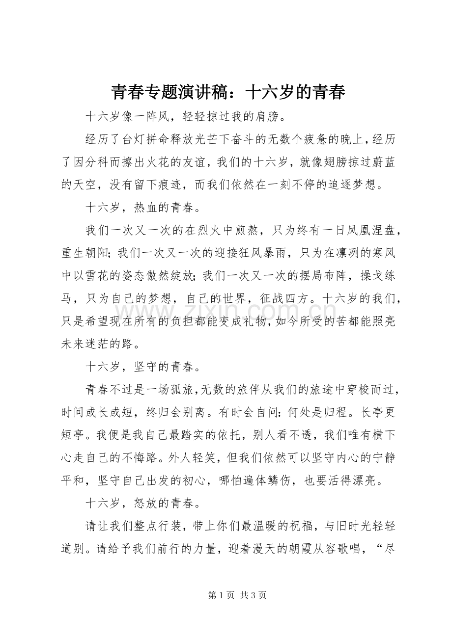 青春专题演讲稿：十六岁的青春.docx_第1页