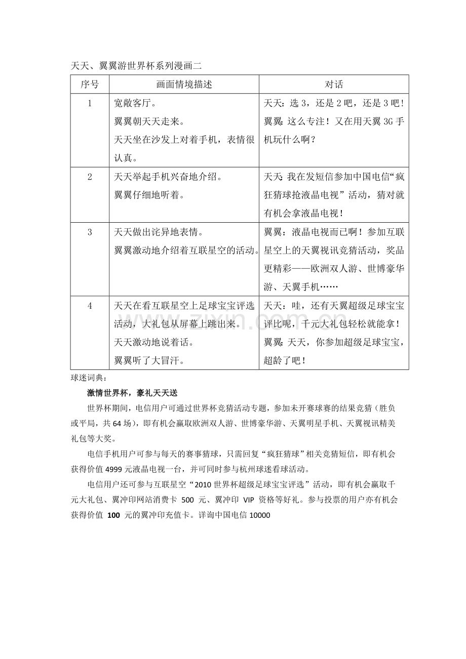 中国电信漫画宣传策划-天天、翼翼世界杯系列漫画文案脚本(二).doc_第1页