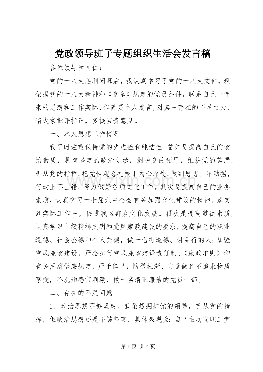 党政领导班子专题组织生活会发言.docx_第1页