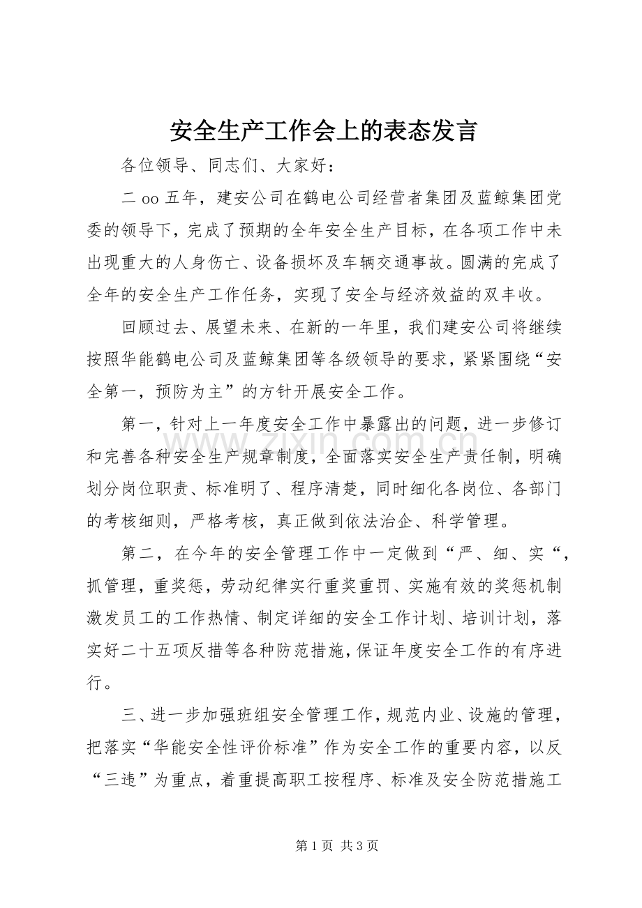 安全生产工作会上的表态发言稿 (2).docx_第1页
