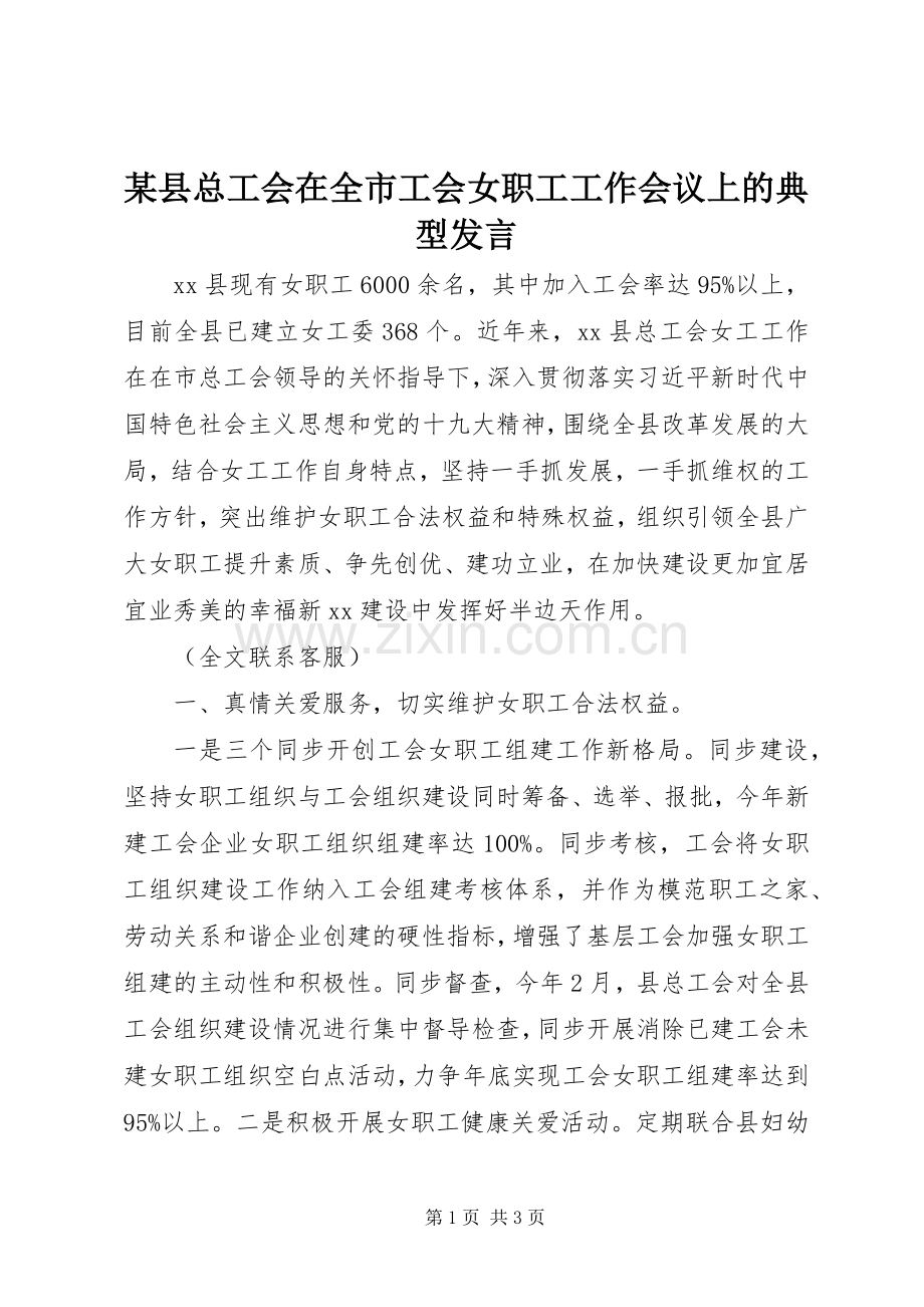 某县总工会在全市工会女职工工作会议上的典型发言稿.docx_第1页