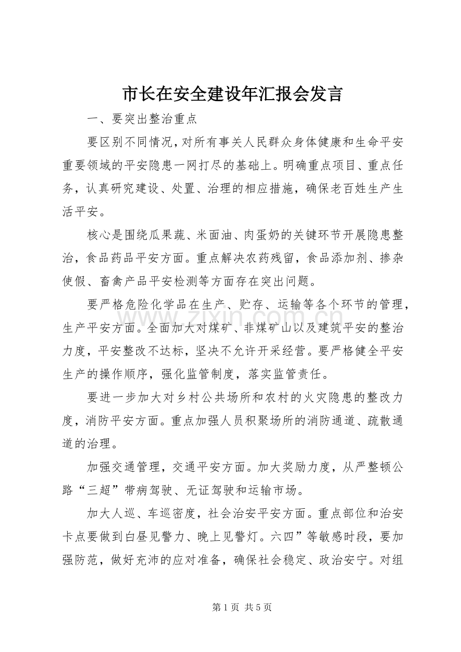 市长在安全建设年汇报会发言稿.docx_第1页