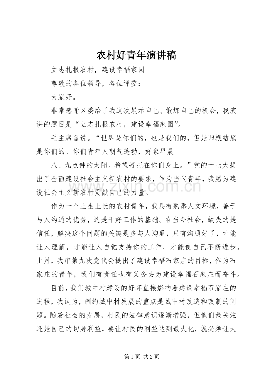 农村好青年演讲稿范文.docx_第1页