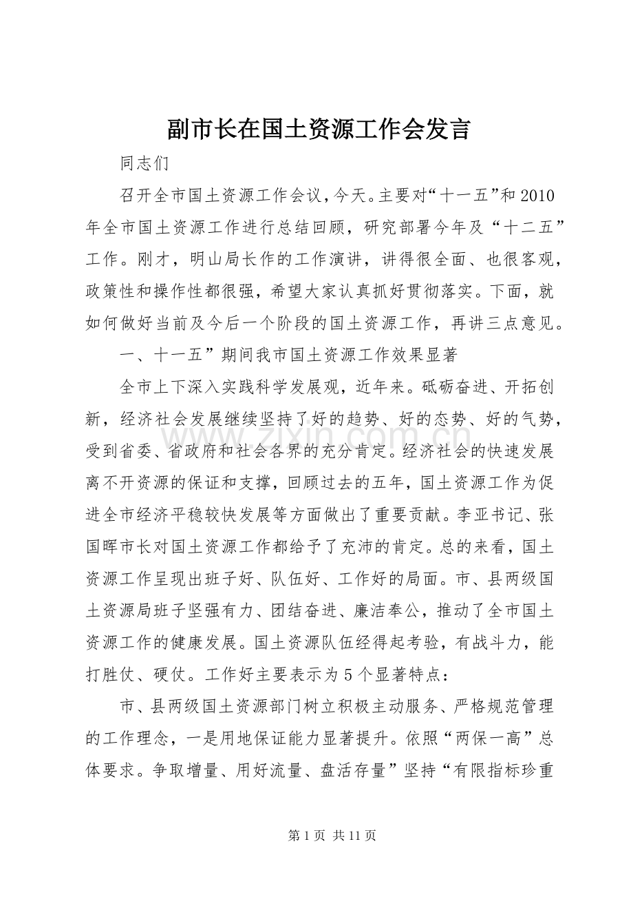 副市长在国土资源工作会发言.docx_第1页