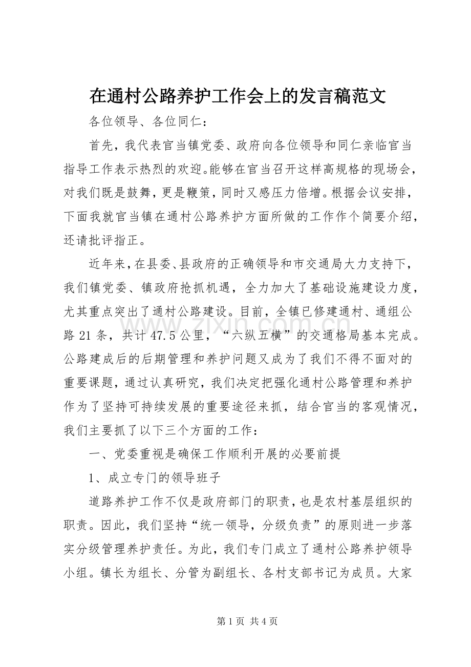 在通村公路养护工作会上的发言范文.docx_第1页
