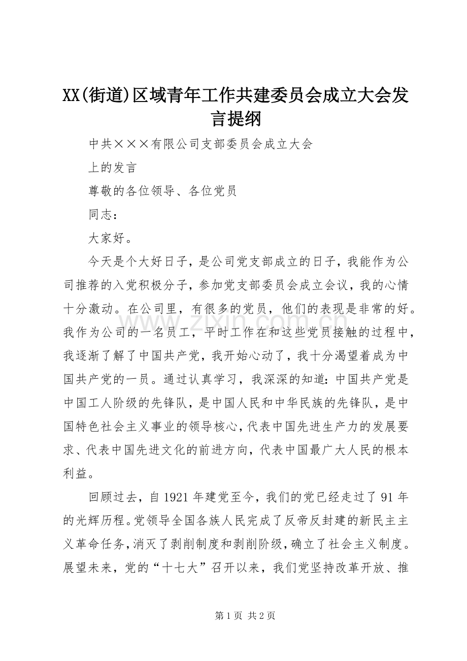 XX(街道)区域青年工作共建委员会成立大会发言材料提纲.docx_第1页