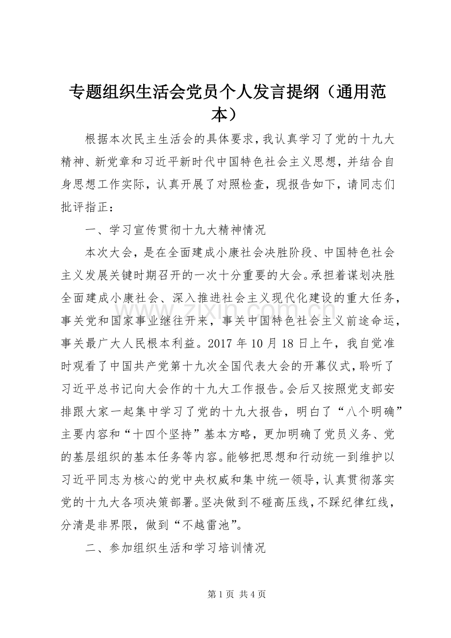 专题组织生活会党员个人发言提纲材料（通用范本）.docx_第1页