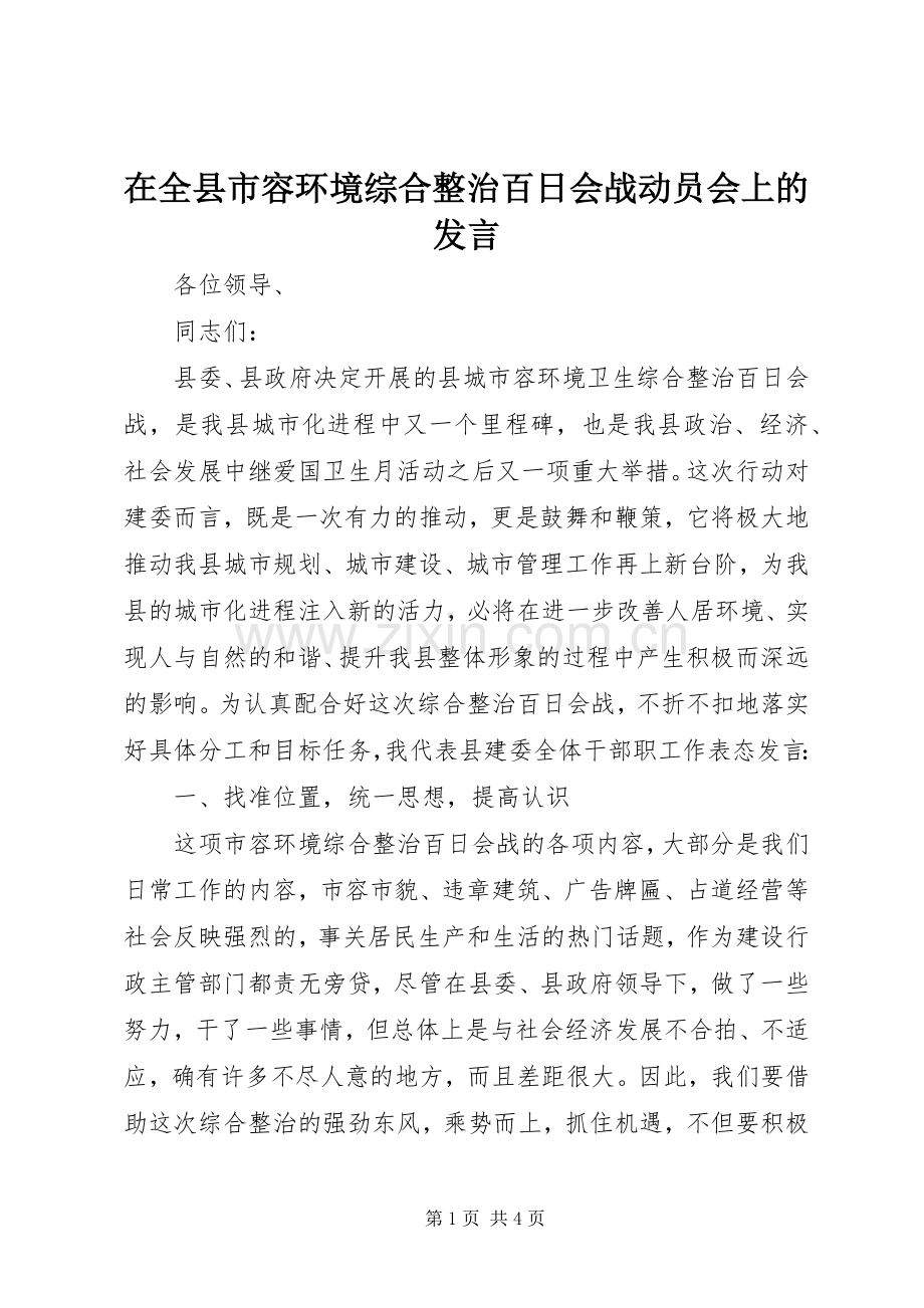 在全县市容环境综合整治百日会战动员会上的发言稿.docx_第1页