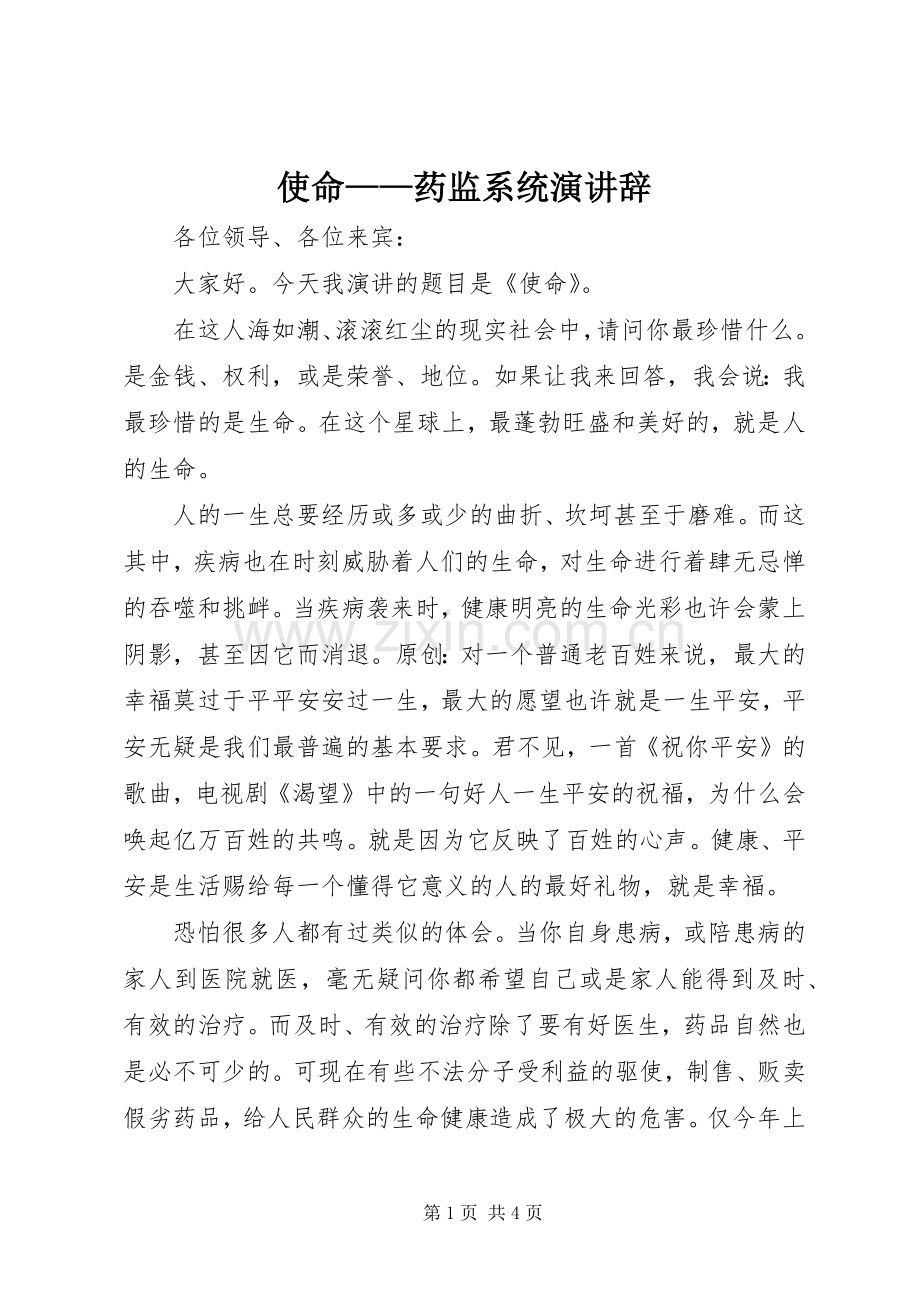 使命——药监系统演讲辞.docx_第1页