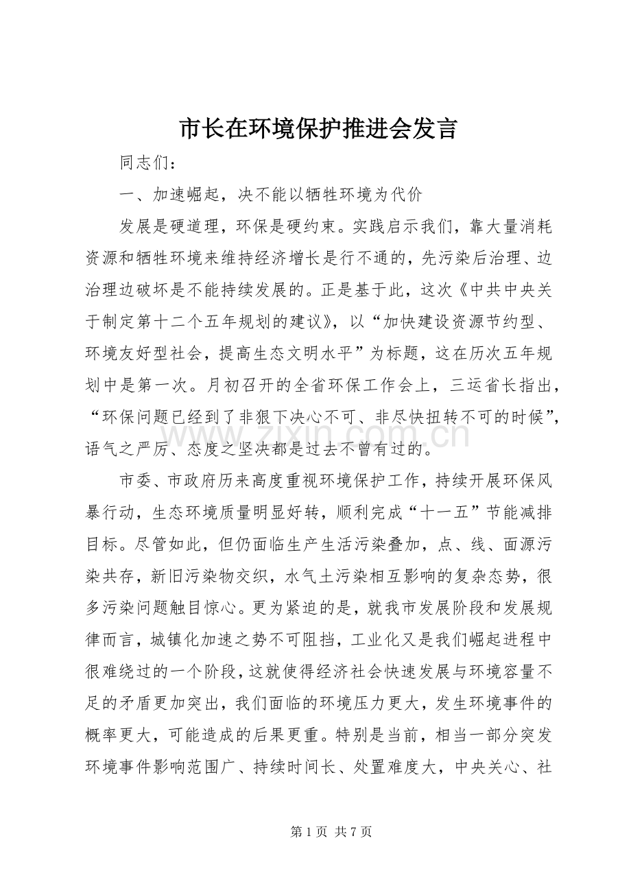 市长在环境保护推进会发言稿.docx_第1页