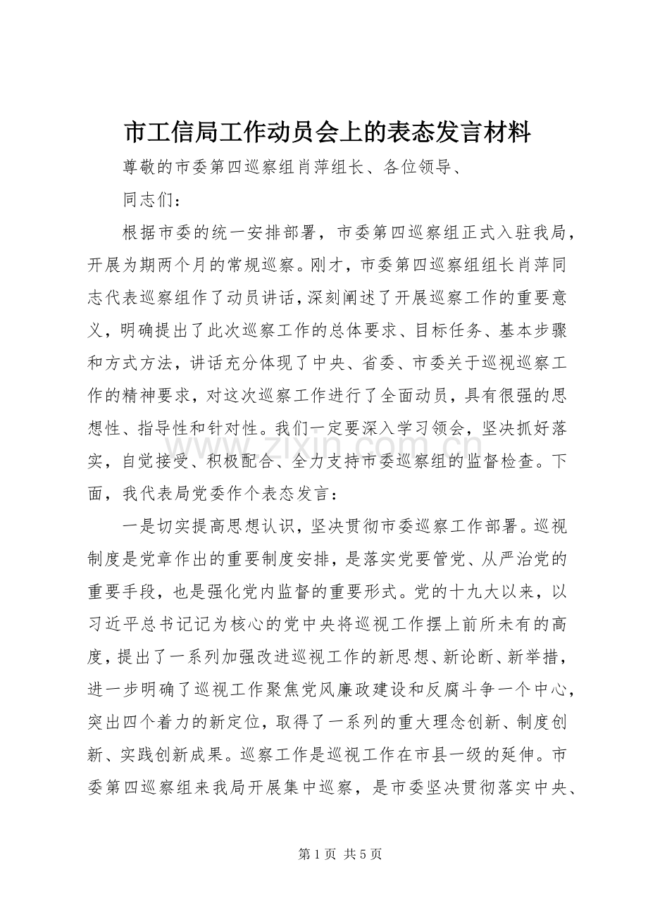 市工信局工作动员会上的表态发言材料提纲.docx_第1页