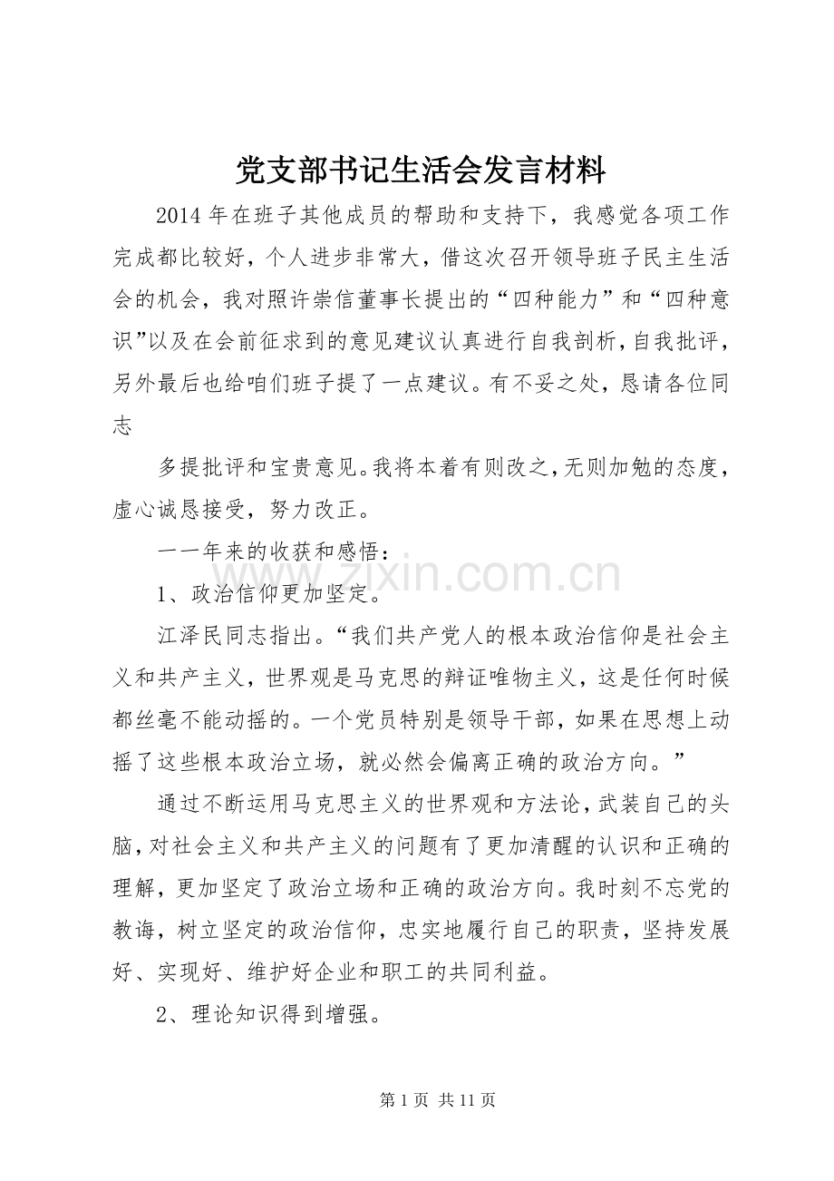 党支部书记生活会发言材料提纲范文.docx_第1页