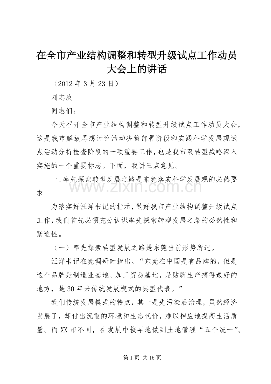 在全市产业结构调整和转型升级试点工作动员大会上的讲话.docx_第1页