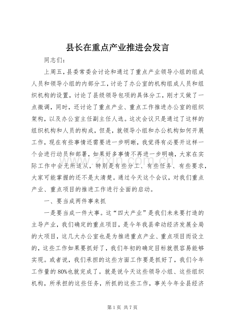 县长在重点产业推进会发言.docx_第1页