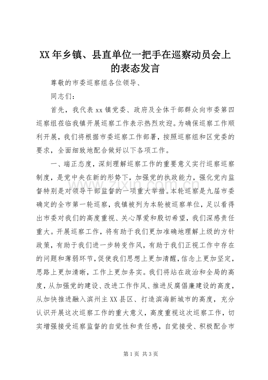 XX年乡镇、县直单位一把手在巡察动员会上的表态发言稿.docx_第1页