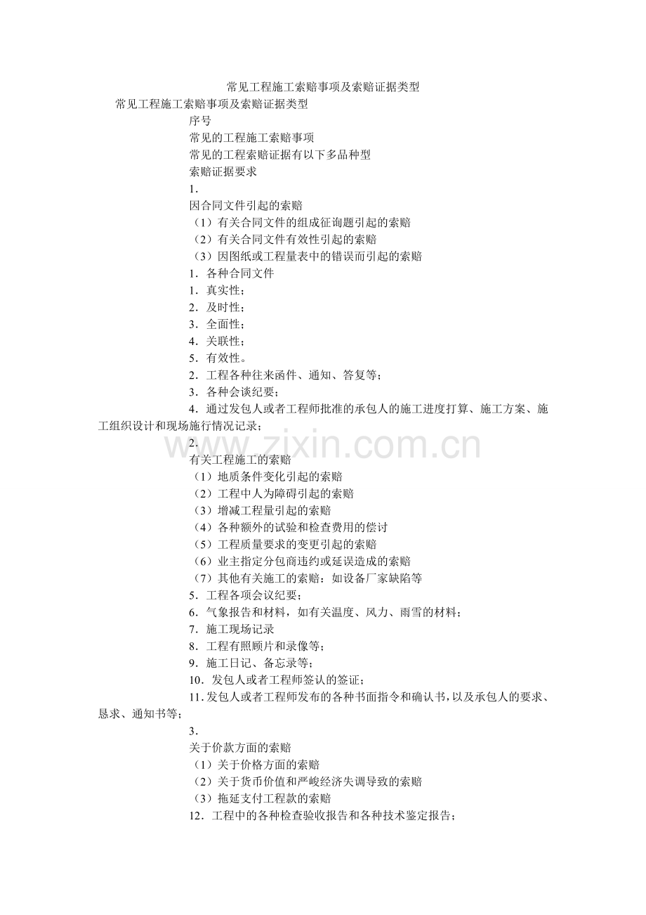 常见工程施工索赔事项及索赔证据类型.doc_第1页