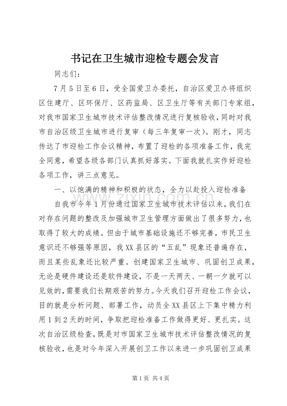 书记在卫生城市迎检专题会发言.docx_第1页