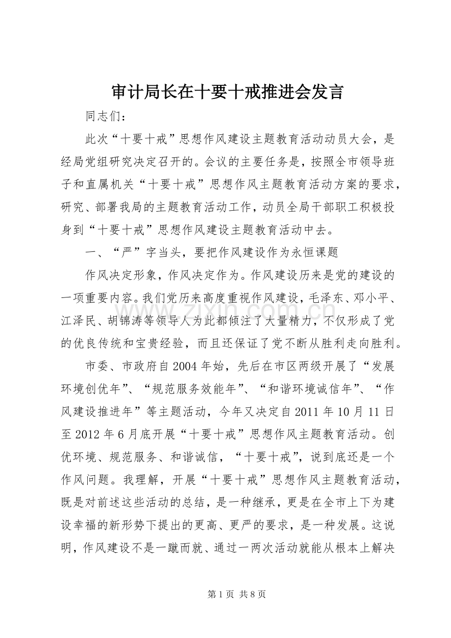审计局长在十要十戒推进会发言稿.docx_第1页