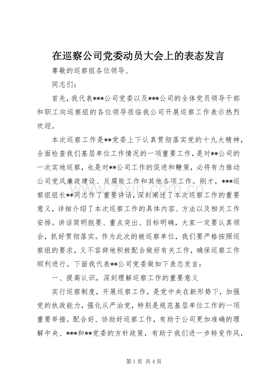 在巡察公司党委动员大会上的表态发言稿.docx_第1页