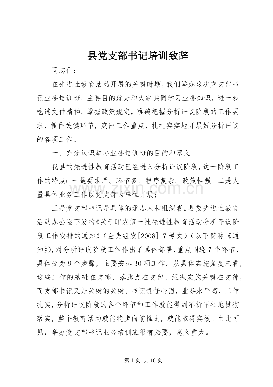县党支部书记培训演讲致辞.docx_第1页