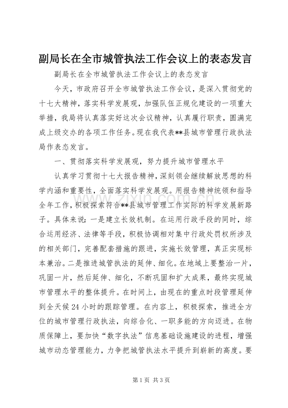 副局长在全市城管执法工作会议上的表态发言稿.docx_第1页