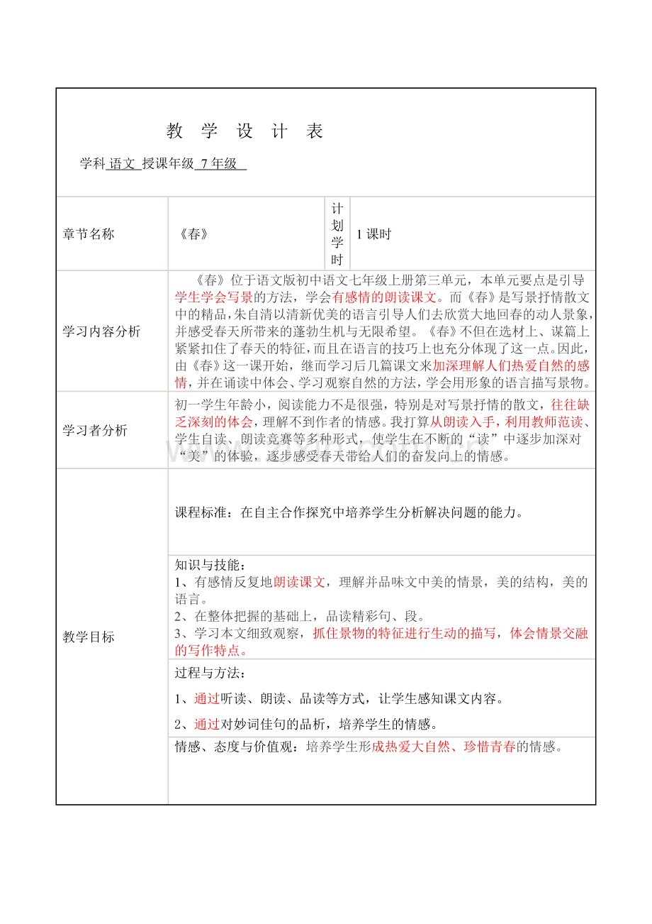《春》教学设计表.doc_第1页