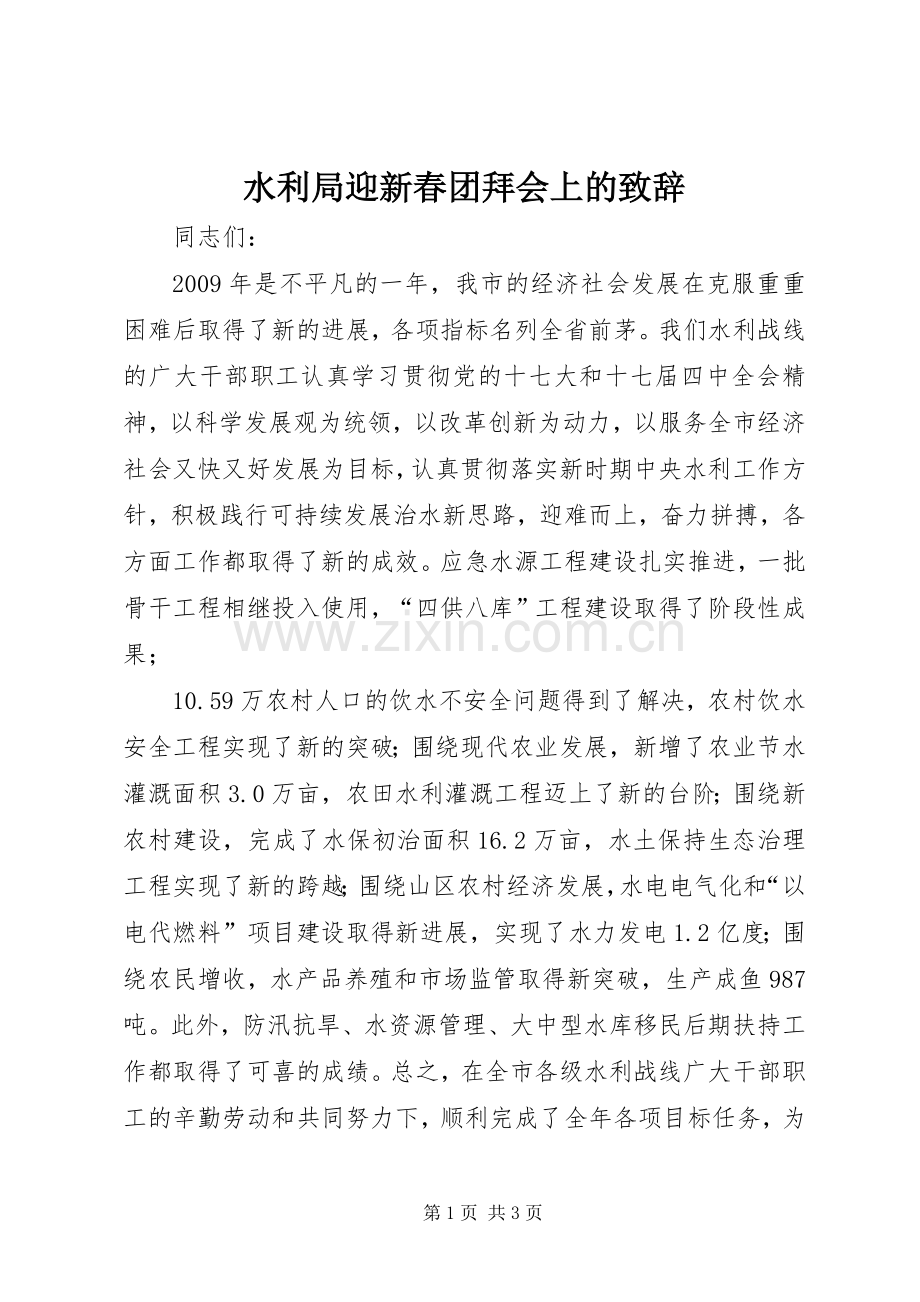 水利局迎新春团拜会上的致辞.docx_第1页