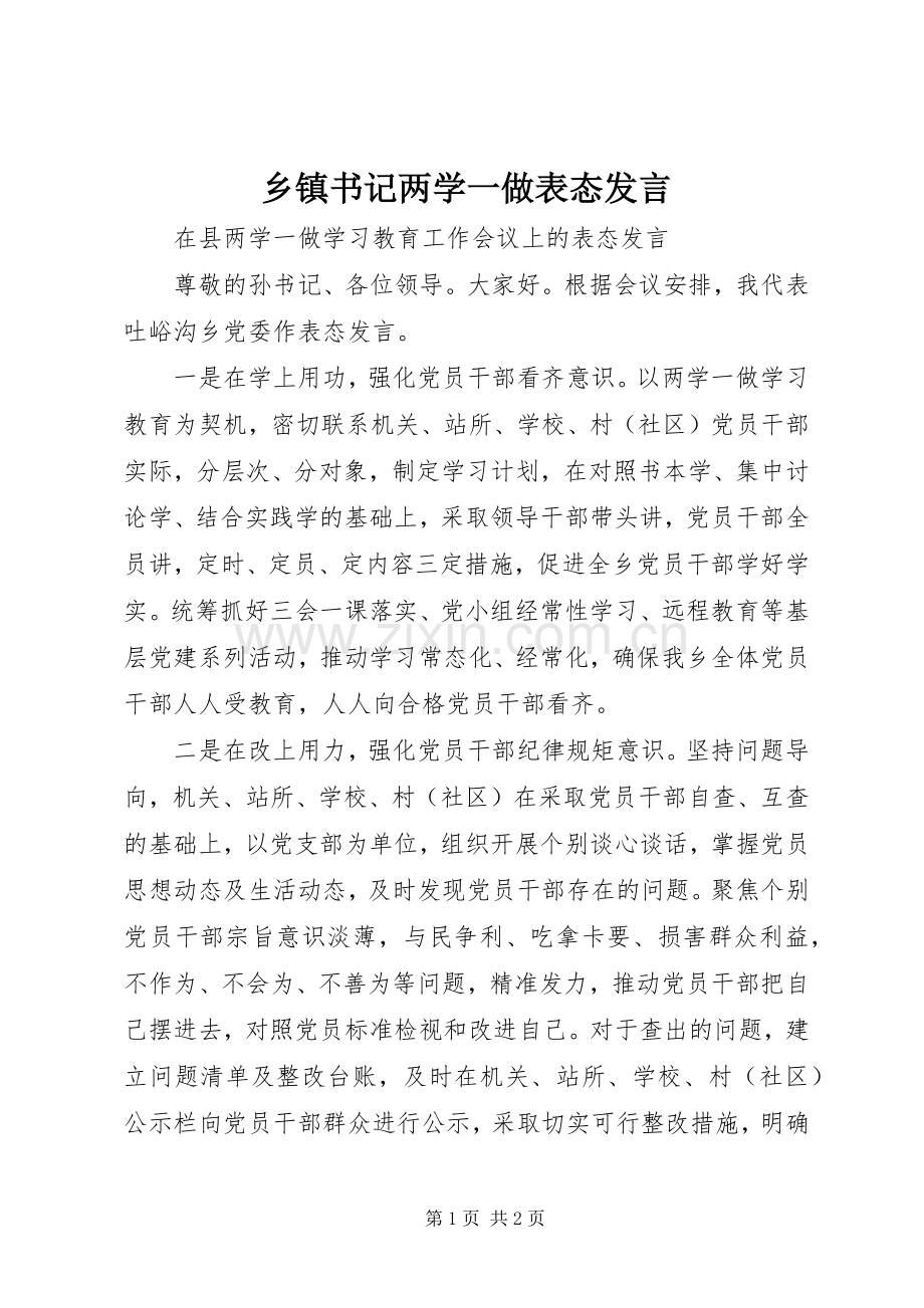 乡镇书记两学一做表态发言稿.docx_第1页