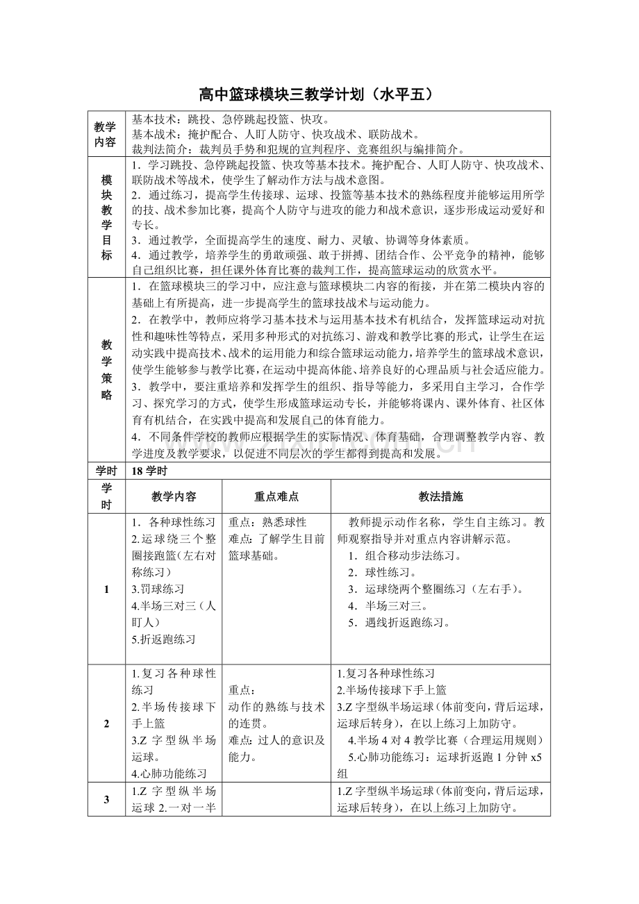 篮球模块三教学计划.doc_第1页