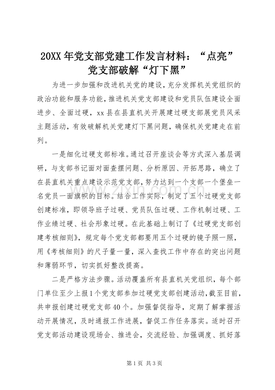 20XX年党支部党建工作发言材料致辞：“点亮”党支部破解“灯下黑”.docx_第1页
