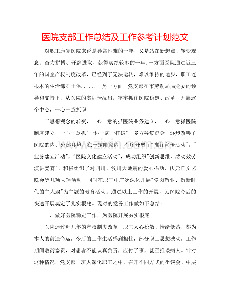 医院支部工作总结及工作参考计划范文.doc_第1页