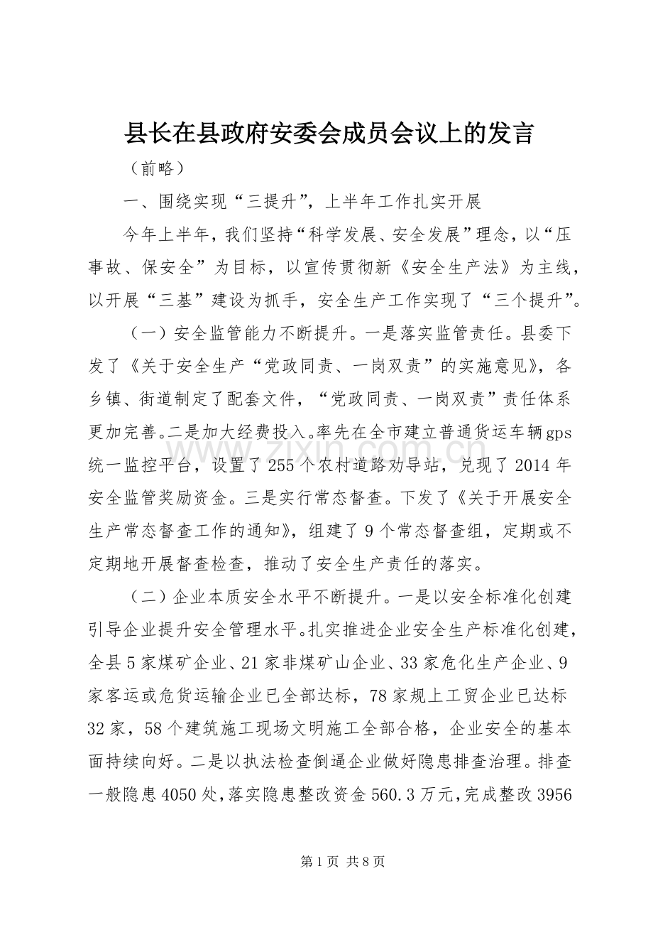 县长在县政府安委会成员会议上的发言稿.docx_第1页