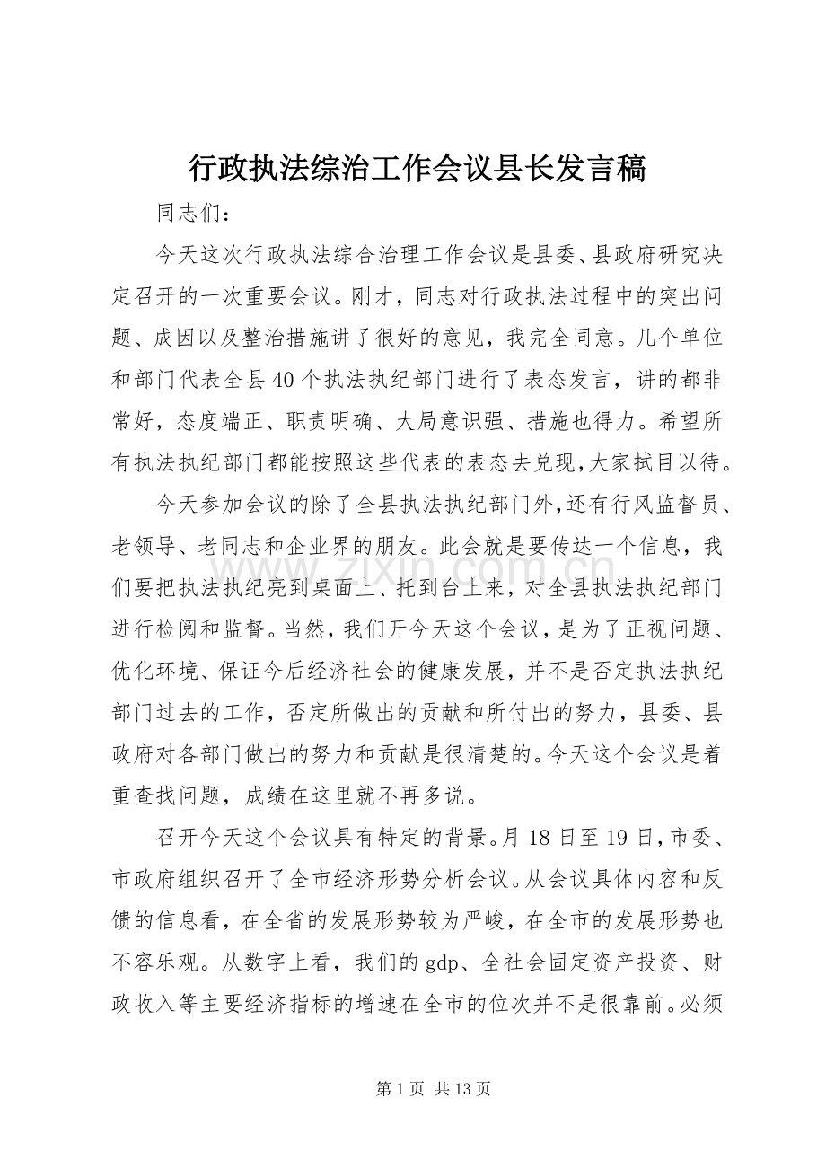 行政执法综治工作会议县长发言.docx_第1页