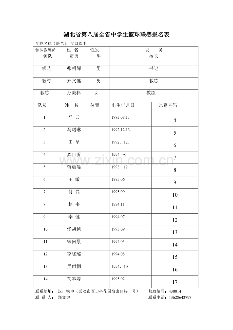 湖北省第八届全省中学生篮球联赛报名表.doc_第1页