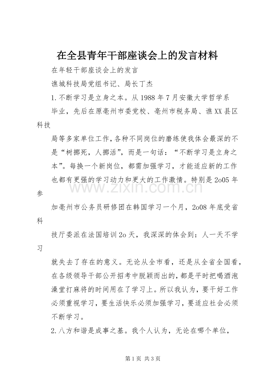 在全县青年干部座谈会上的发言材料提纲范文.docx_第1页