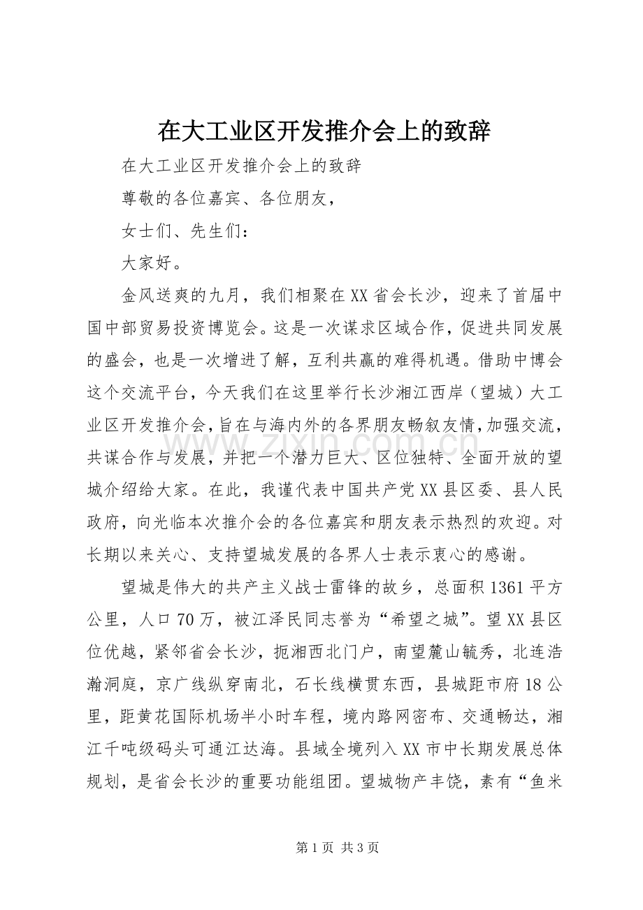 在大工业区开发推介会上的演讲致辞_1.docx_第1页