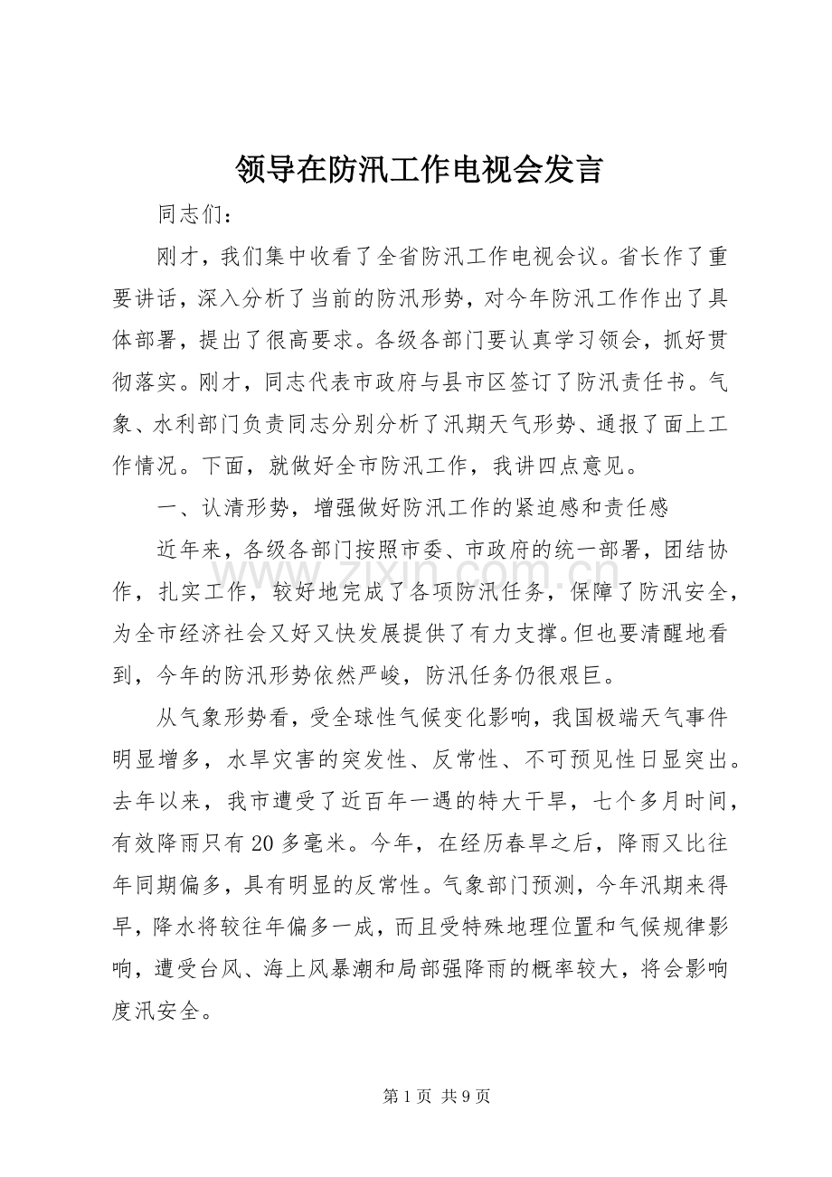 领导在防汛工作电视会发言稿.docx_第1页