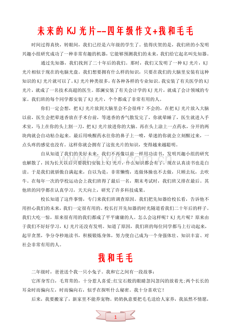未来的KJ光片--四年级作文-我和毛毛.doc_第1页