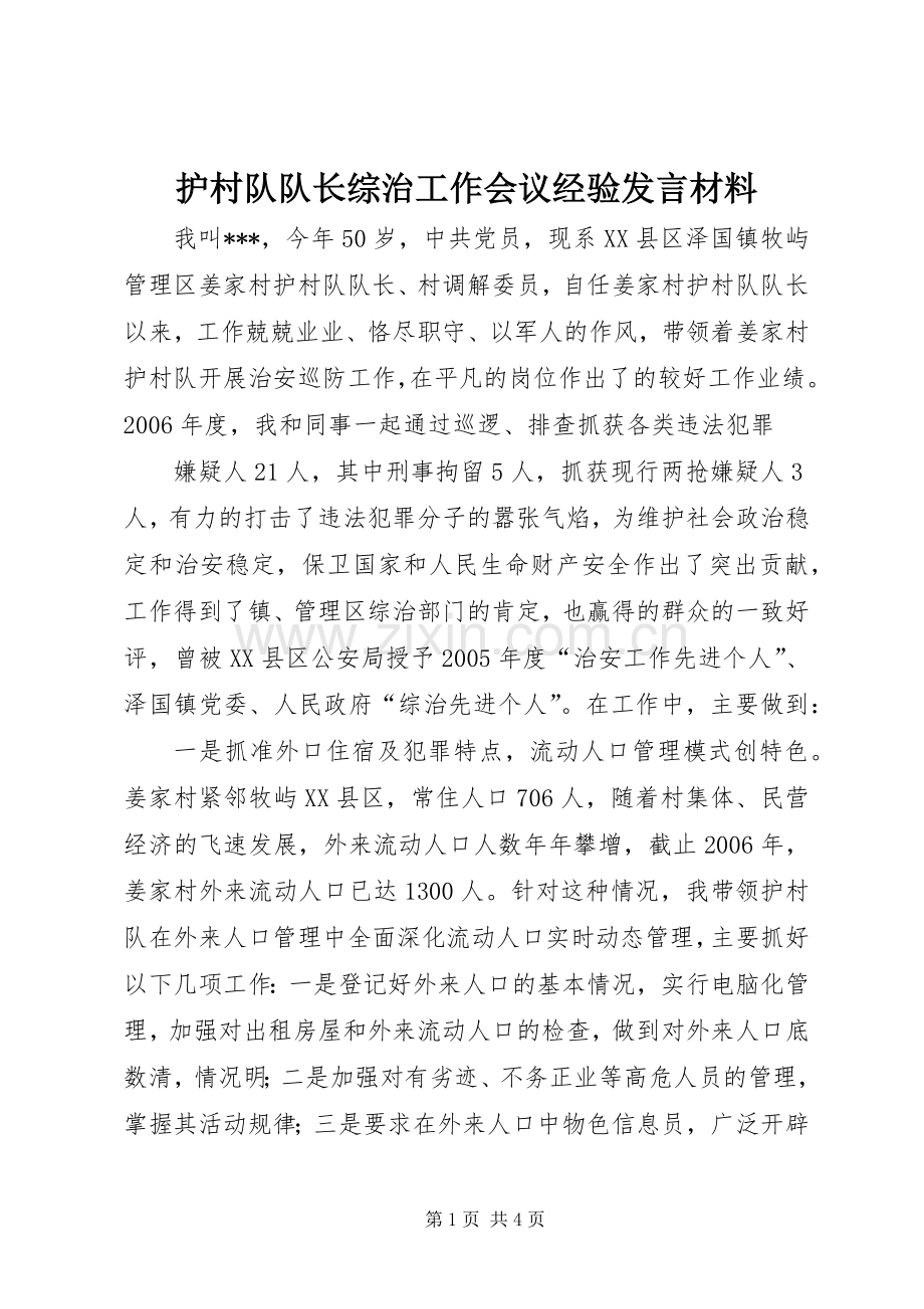 护村队队长综治工作会议经验发言材料提纲范文.docx_第1页