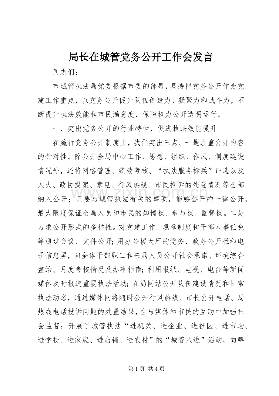 局长在城管党务公开工作会发言稿.docx_第1页
