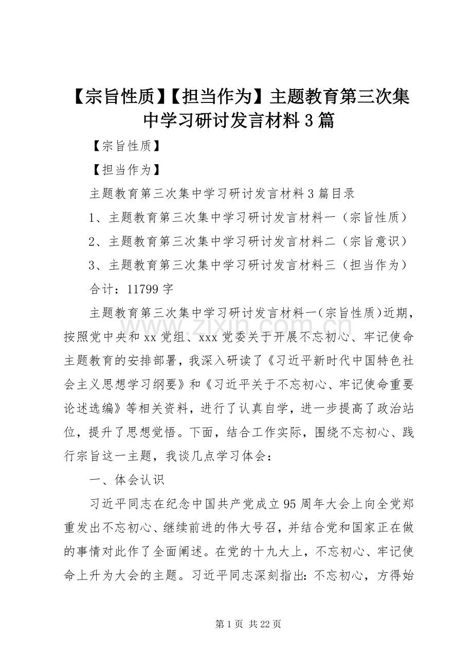 【宗旨性质】【担当作为】主题教育第三次集中学习研讨发言材料提纲范文3篇.docx_第1页