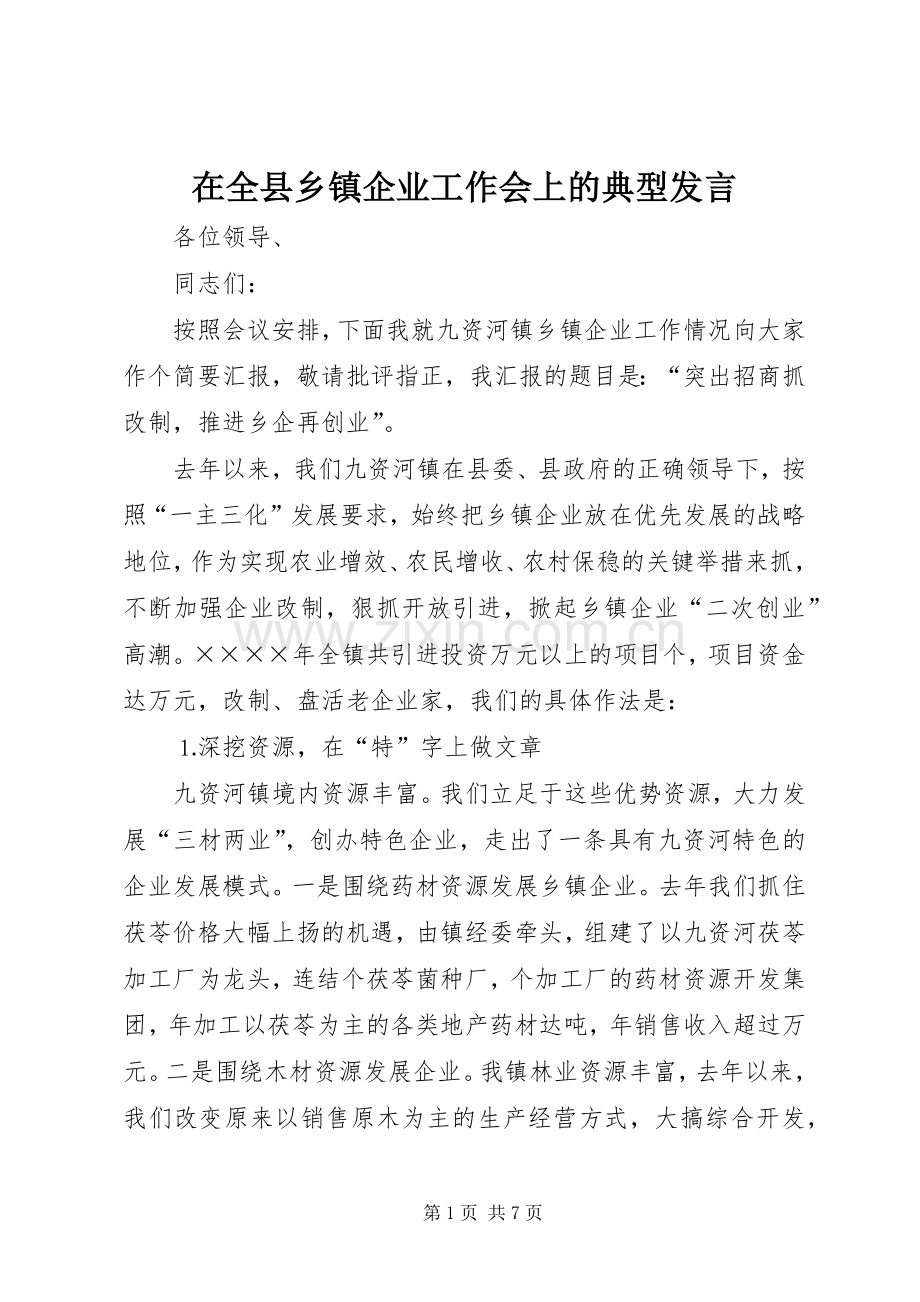 在全县乡镇企业工作会上的典型发言稿.docx_第1页