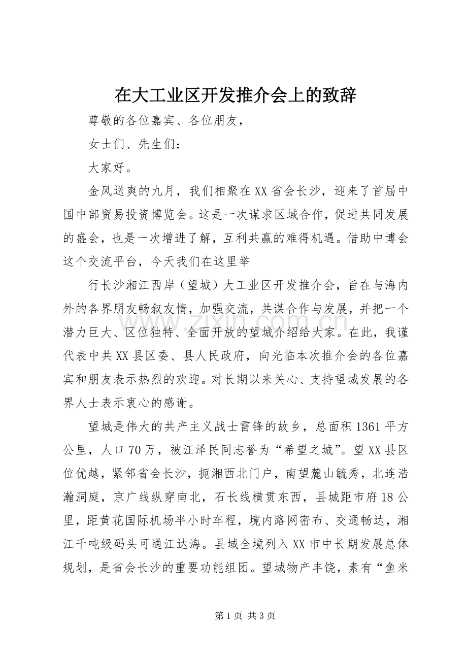 在大工业区开发推介会上的致辞演讲(5).docx_第1页