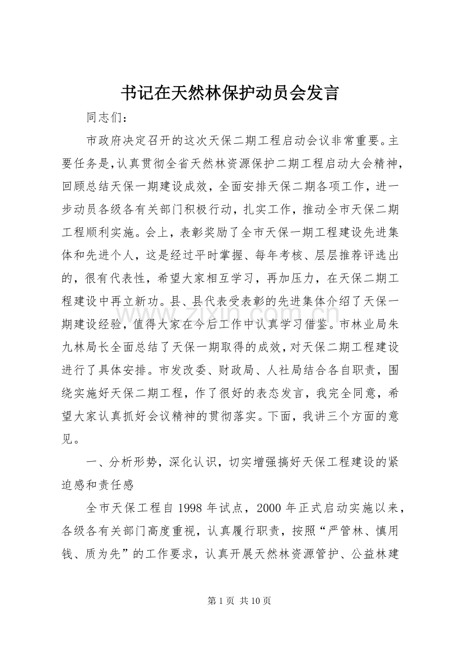 书记在天然林保护动员会发言稿.docx_第1页