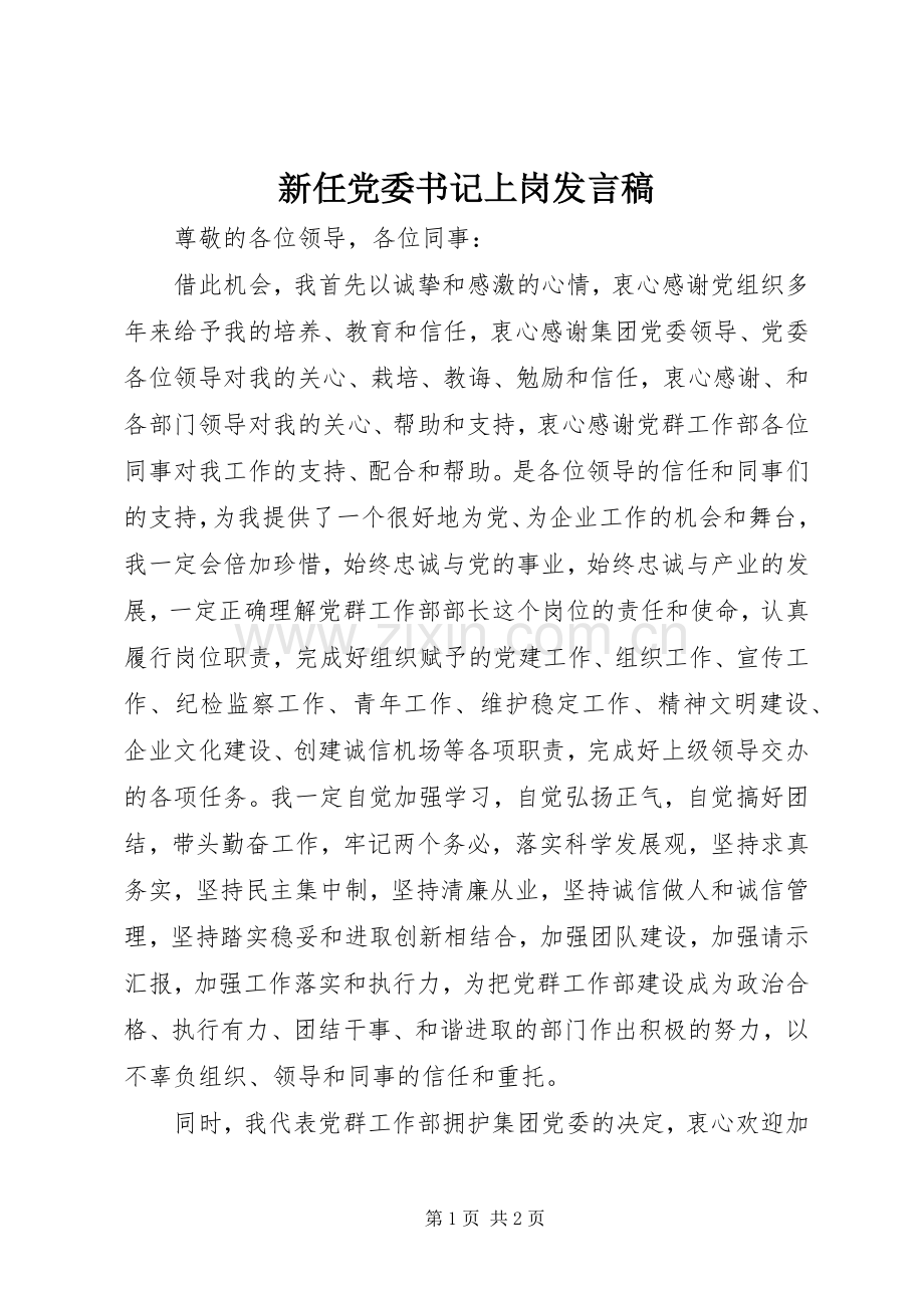 新任党委书记上岗发言.docx_第1页