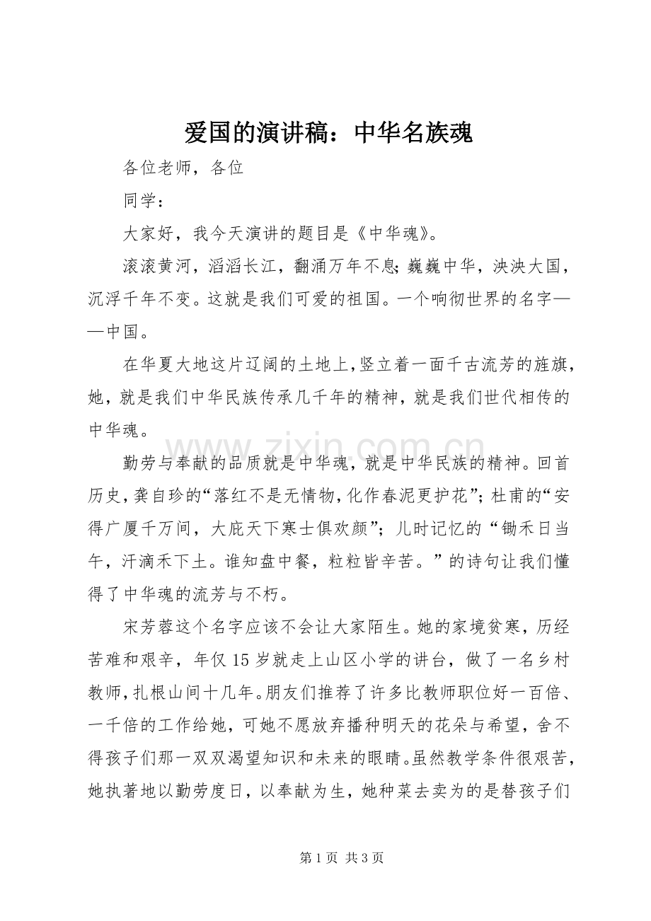 爱国的演讲稿范文：中华名族魂.docx_第1页