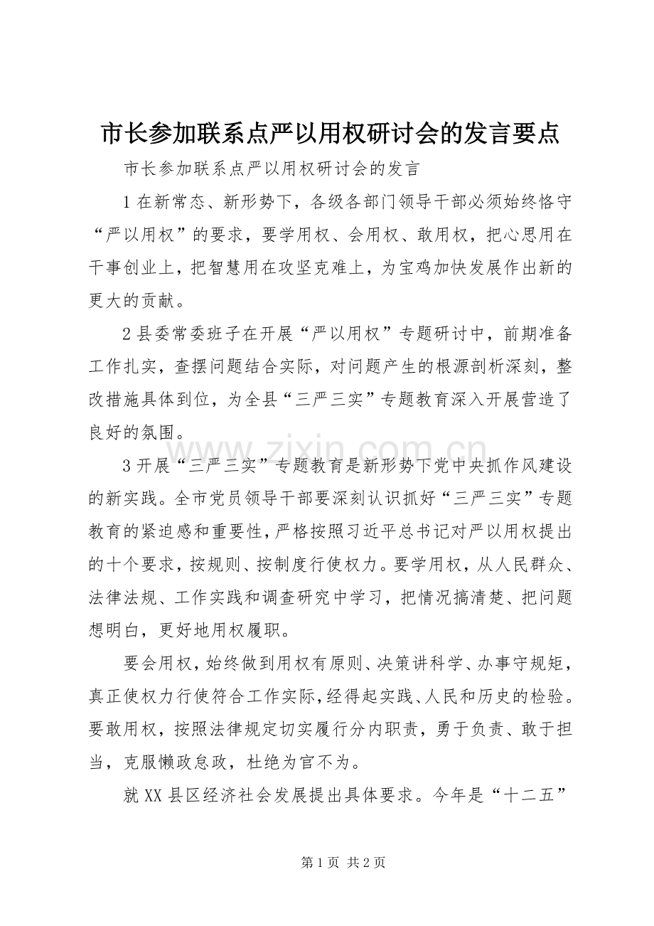 市长参加联系点严以用权研讨会的发言稿要点.docx_第1页