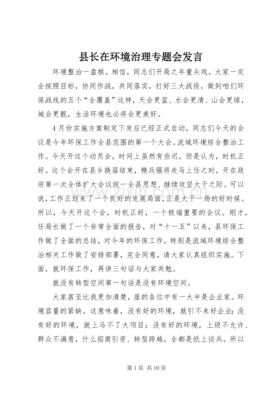 县长在环境治理专题会发言稿.docx_第1页